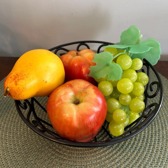 MCM Wrought Iron Footed Fruit Basket & Faux Fruits That Look Real Vintage VGUC. - Picture 2 of 10